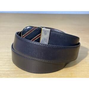 Vintage Ibex Brown Leather Belt Men's 46 Gold Enamel Striped Buckle Preppy Twee